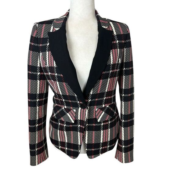 1.State Blazer Womens Size 4 Black Red Digital Plaid Fitted Preppy Vintage Y2K‎ - Picture 5 of 14